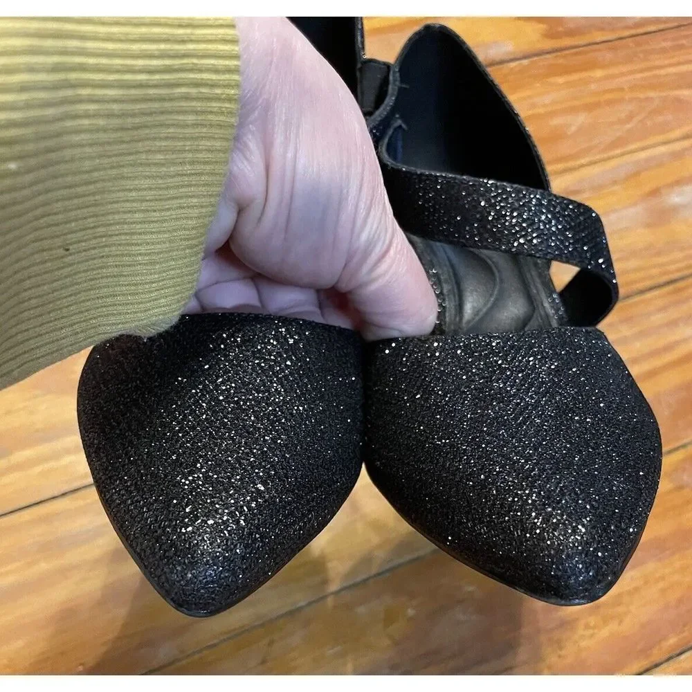 Mysoft Pointed Toe Low Stiletto Heel Black Glitter Dress Pumps Size 6.5‎ EUC
